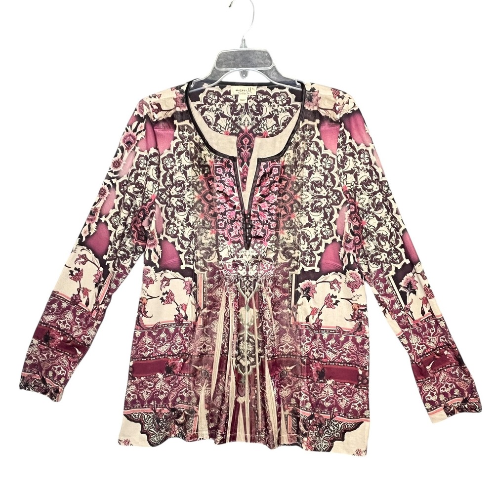 One World Women XL Tunic Blouse Paisley Dark Floral Boho Festival Cottagecore